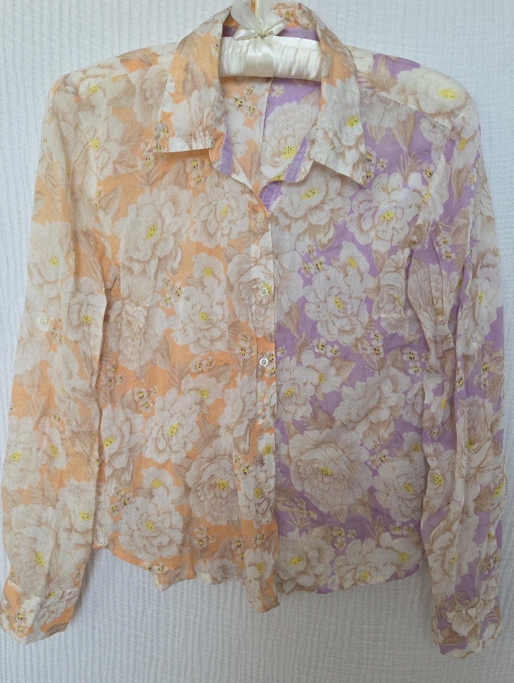 Floral Two-Tone Button-Down Blouse - Peach & Lavender